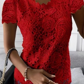 Lace Crew Neck T-Shirt, Elegant Short Sleeve T-Shirt For Spring & Summer, Women's Clothing