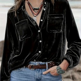 Solid Patched Pockets Velvet Shirt, Vintage Long Sleeve Shirt For Spring & Fall, Women's Clothing
