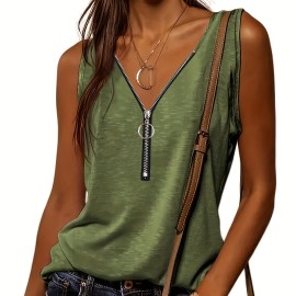 Half Zip Solid Tank Top, Casual Sleeveless Summer Tank Top, Women's Clothing