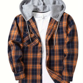 Plaid Pattern Men's Long Sleeve Hooded Shirt Jacket With Chest Pocket, Men's Casual Fall Winter Outwear