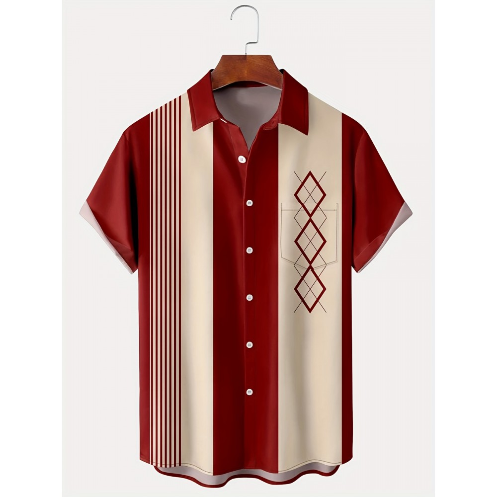 Vintage Style Geometric Print Men's Casual Short Sleeve Shirt With Chest Pocket, Men's Shirt For Summer Vacation Resort, Tops For Men, Gift For Men