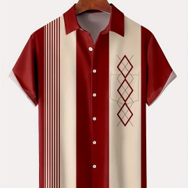 Vintage Style Geometric Print Men's Casual Short Sleeve Shirt With Chest Pocket, Men's Shirt For Summer Vacation Resort, Tops For Men, Gift For Men