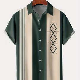Vintage Style Geometric Print Men's Casual Short Sleeve Shirt With Chest Pocket, Men's Shirt For Summer Vacation Resort, Tops For Men, Gift For Men