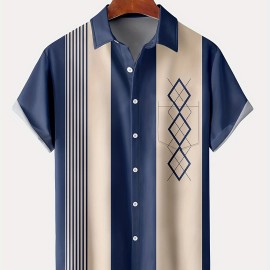 Vintage Style Geometric Print Men's Casual Short Sleeve Shirt With Chest Pocket, Men's Shirt For Summer Vacation Resort, Tops For Men, Gift For Men