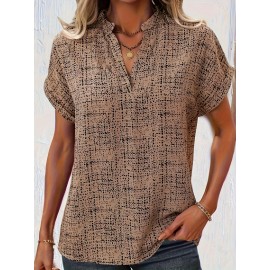 All Over Print Notch Neck Blouse, Casual Short Sleeve Blouse For Spring & Summer, Women's Clothing