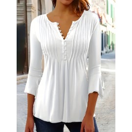 Button Front Ruched Blouse, Casual Solid Crew Neck Blouse, Women's Clothing