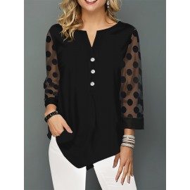 Polka-dot Mesh Notched Neck Blouse, Versatile 3/4 Sleeve Blouse For Spring & Fall, Women's Clothing