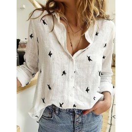 Bird Print Button Front Shirt, Casual Long Sleeve Shirt For Spring & Fall, Women's Clothing