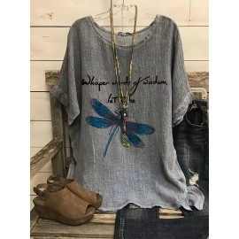 Dragonfly Print Crew Neck Blouse, Casual Short Sleeve Blouse For Spring & Summer, Women's Clothing