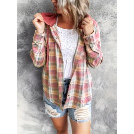 Plaid Print Hooded Shirt, Casual Long Sleeve Drawstring Shirt, Women's Clothing