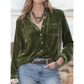 Solid Patched Pockets Velvet Shirt, Vintage Long Sleeve Shirt For Spring & Fall, Women's Clothing