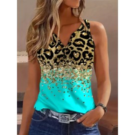 Leopard Print Notched Neck Tank Top, Casual Summer Sleeveless Top, Women's Clothing