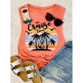 Coconut Tree & Anchor Print Tank Top, Casual Crew Neck Sleeveless Summer Tank Top, Women's Clothing