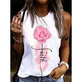 Flower & Letter Print Tank Top, Sleeveless Crew Neck Tank Top, Casual Every Day Tops, Women's Clothing