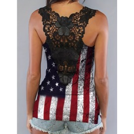 Graphic Print Contrast Lace Tank Top, Casual Crew Neck Sleeveless Tank Top For Summer, Women's Clothing