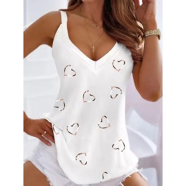 Heart Print V Neck Tank Top, Casual Sleeveless Tank Top For Summer, Women's Clothing