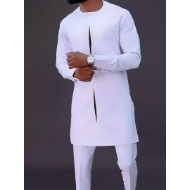 Men's Outfit Set, Crew Neck Long Sleeve Robe And Drawstring Trousers, 2 In 1 Set For Cultural Activities In African