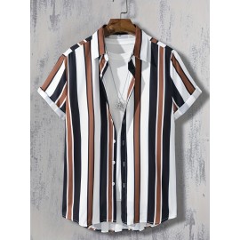 Trendy Stripe Print Men's Casual Short Sleeve Shirt, Men's Shirt For Summer Vacation Resort, Tops For Men