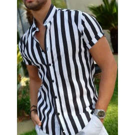 Men's Casual Stripe Mismatch Pattern Mandarin Collar Short Sleeve Shirt, Male Hawaiian Shirt For Summer