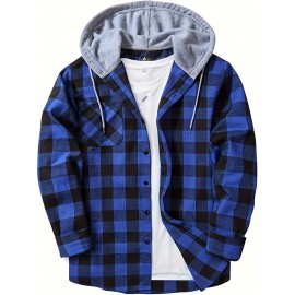 Plaid Pattern Men's Long Sleeve Hooded Shirt Jacket With Chest Pocket, Men's Casual Fall Winter Outwear