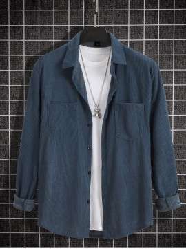 Solid Men's Corduroy Long Sleeve Casual Lapel Shirt With Pockets For Spring Fall Outdoor
