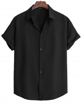 Men's Casual Lapel Solid Basic Tee Shirt, Button Short Sleeve Loose Work Business Shirt For Summer