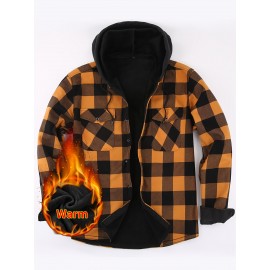 Plaid Pattern Men's Casual Thick Long Sleeve Hooded Shirt With Pockets, Men's Button Up Shirt For Fall Winter