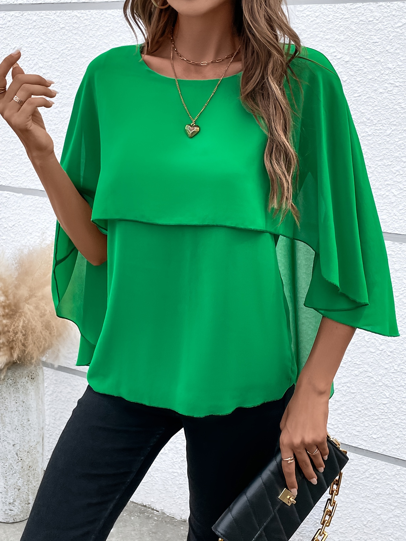 solid layered cloak sleeve blouse versatile crew neck blouse for spring fall womens clothing details 3