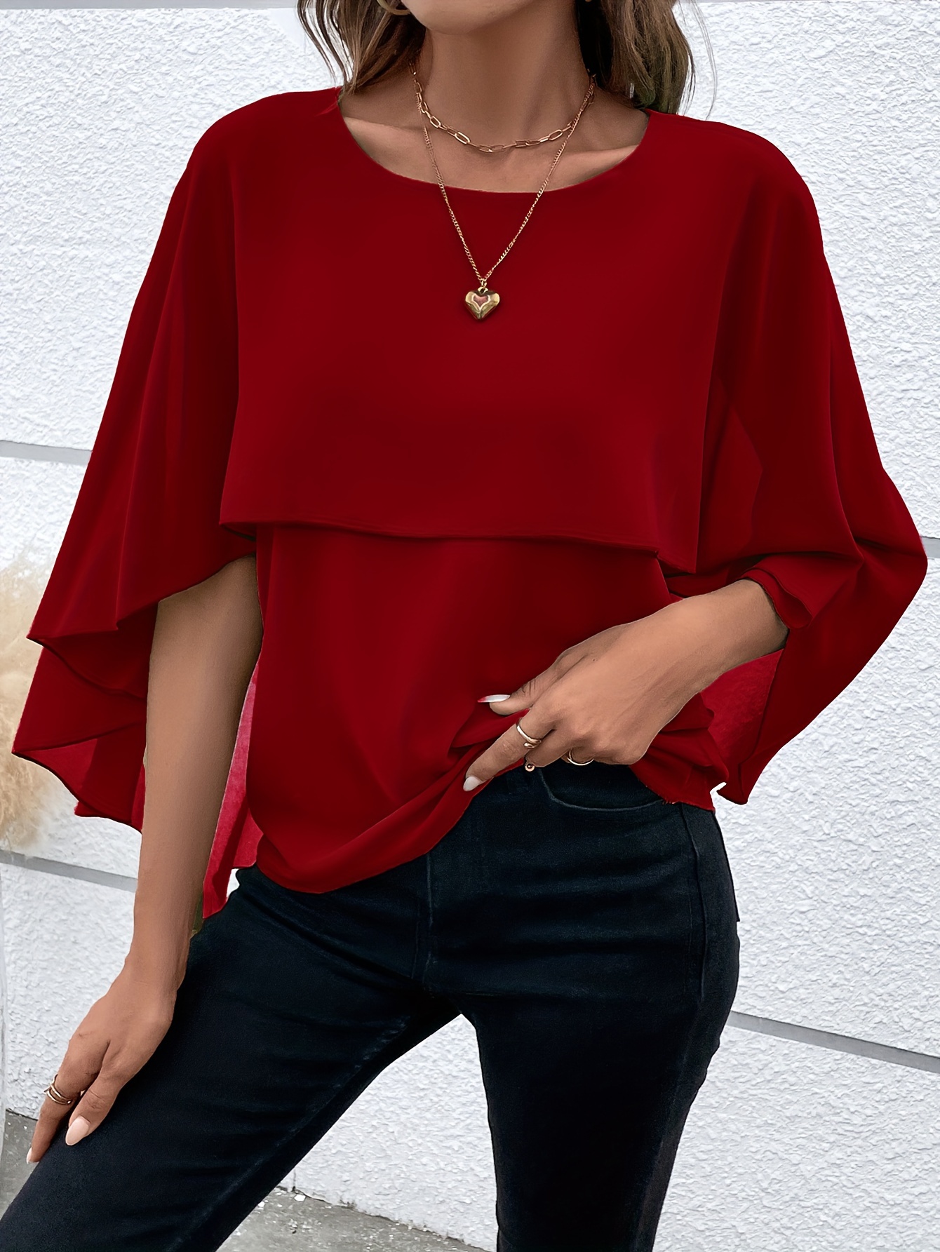 solid layered cloak sleeve blouse versatile crew neck blouse for spring fall womens clothing details 25