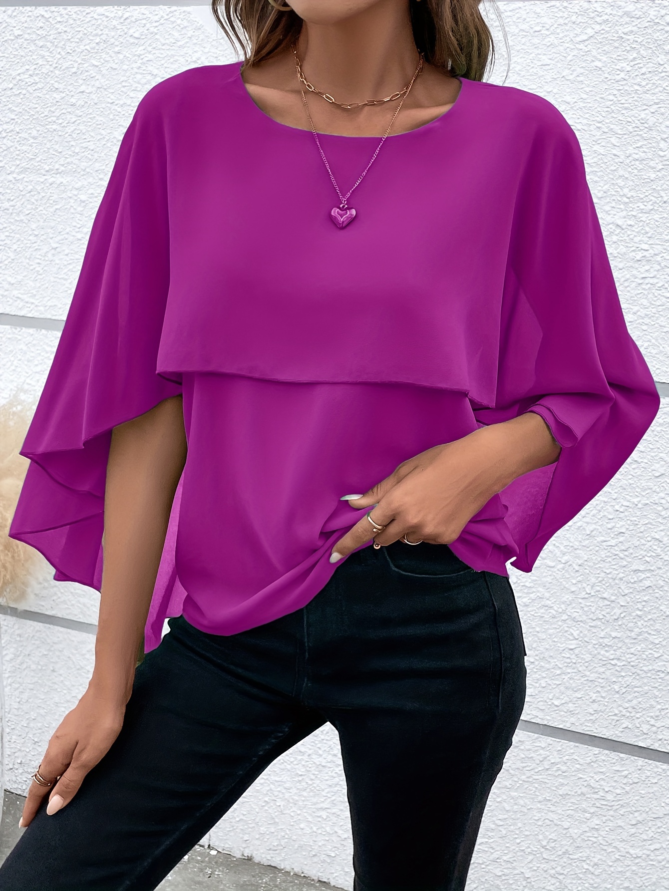 solid layered cloak sleeve blouse versatile crew neck blouse for spring fall womens clothing details 31