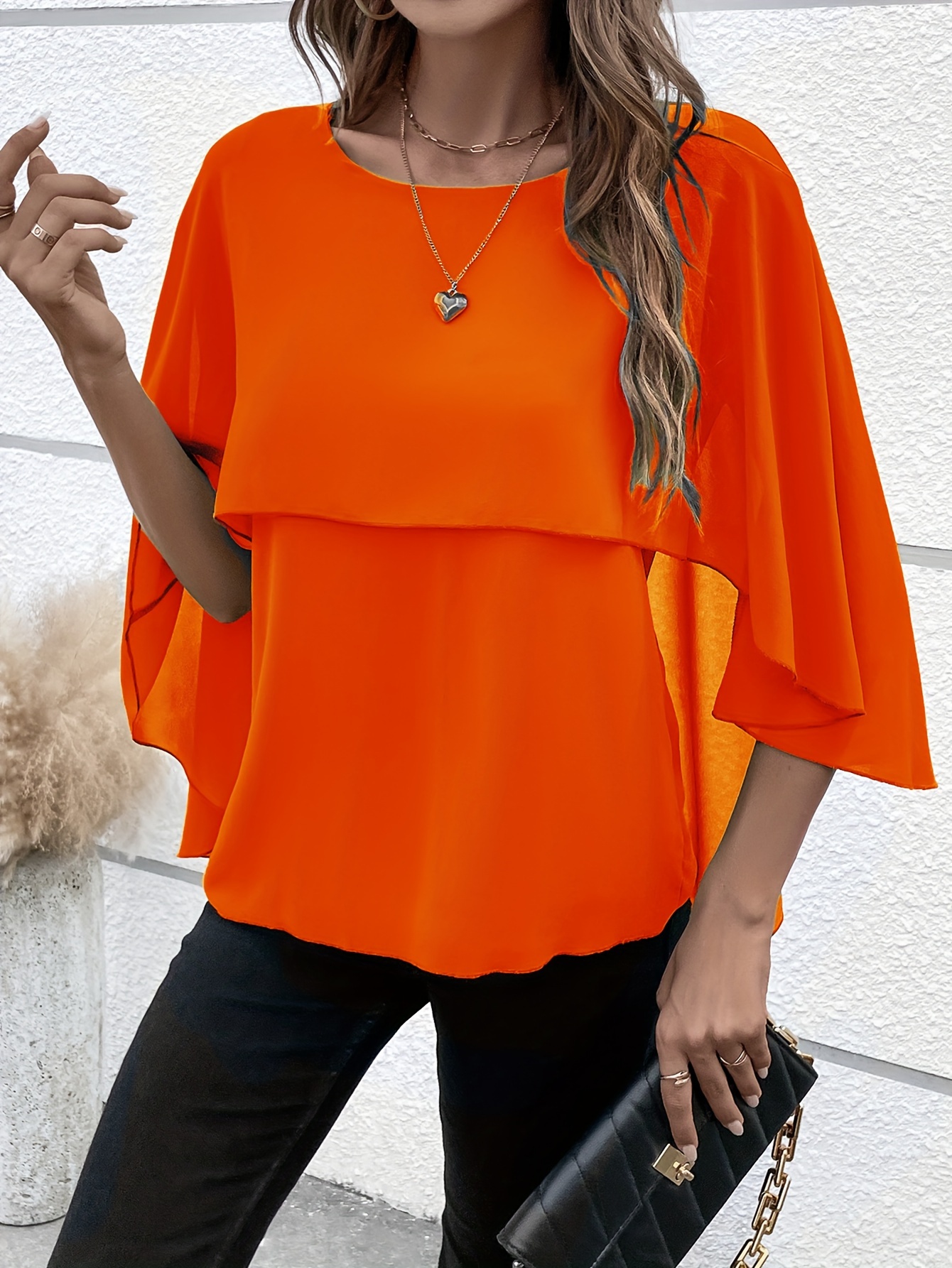 solid layered cloak sleeve blouse versatile crew neck blouse for spring fall womens clothing details 39