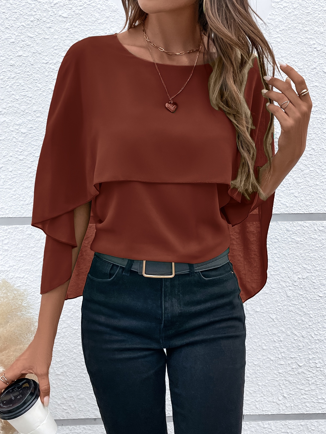 solid layered cloak sleeve blouse versatile crew neck blouse for spring fall womens clothing details 48