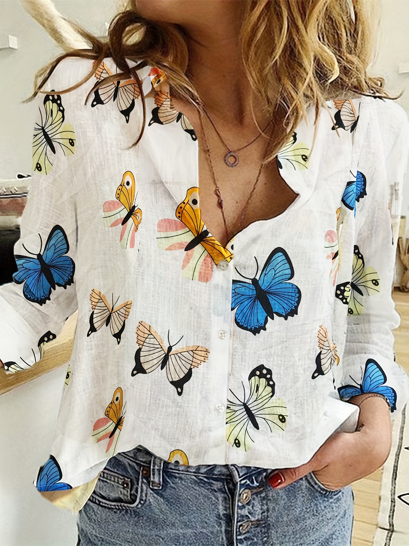 butterfly print button front shirt casual long sleeve shirt for spring fall womens clothing details 18