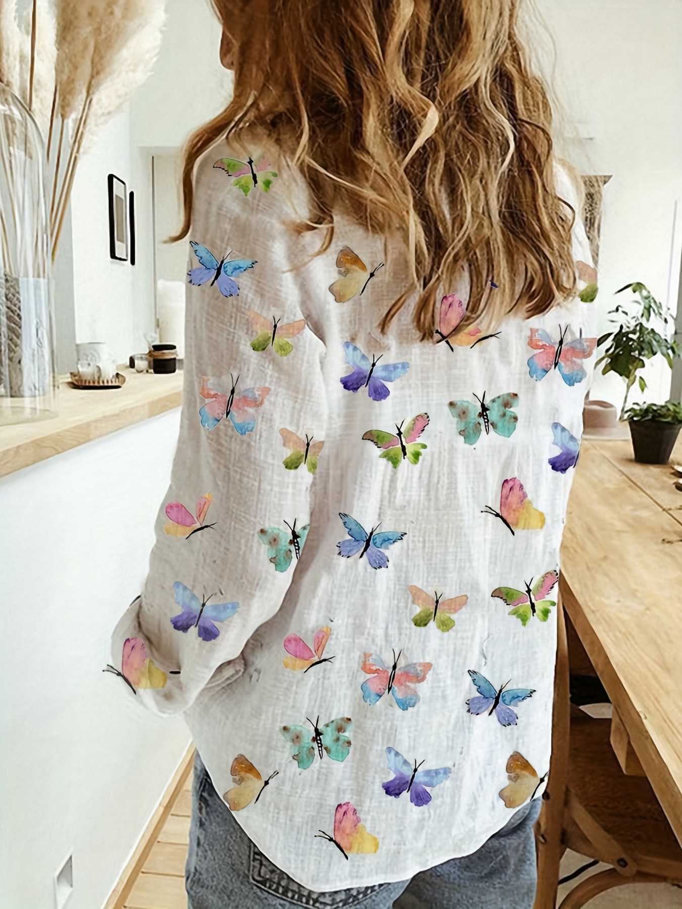 butterfly print button front shirt casual long sleeve shirt for spring fall womens clothing details 27