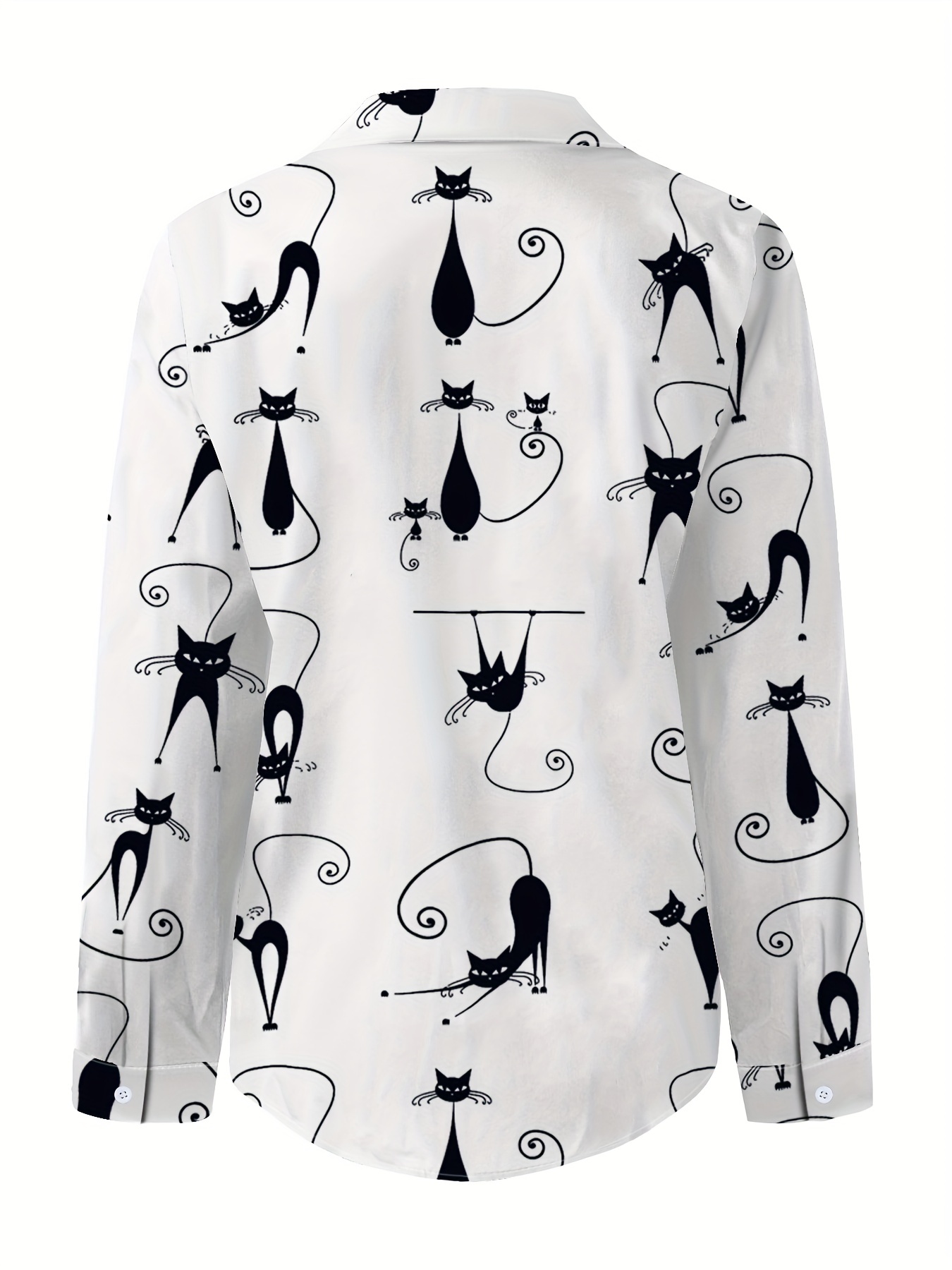 cute cat print button front shirt casual lapel long sleeve shirt womens clothing details 0