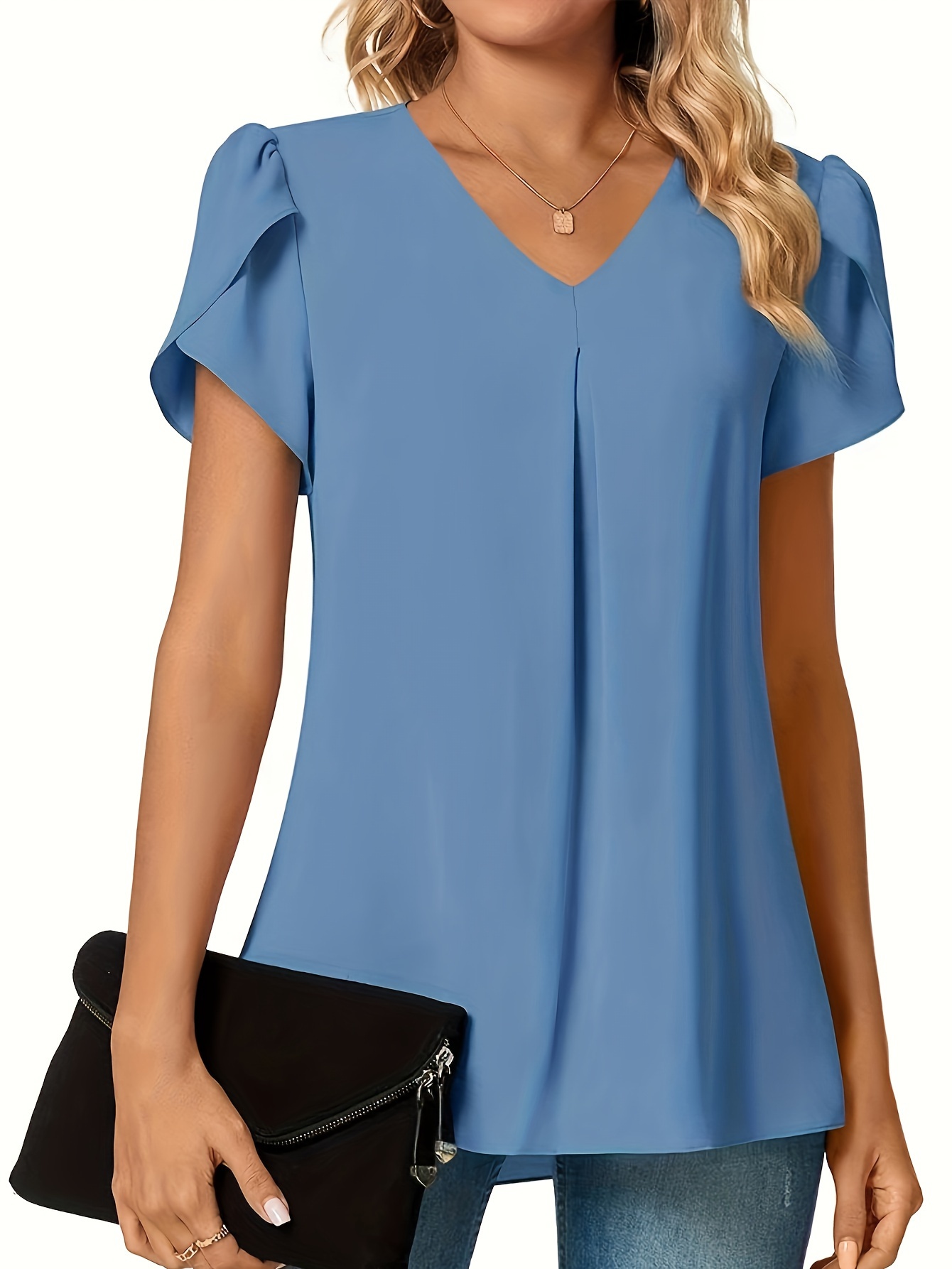 solid v neck petal sleeve blouse versatile simple blouse for spring summer womens clothing details 0