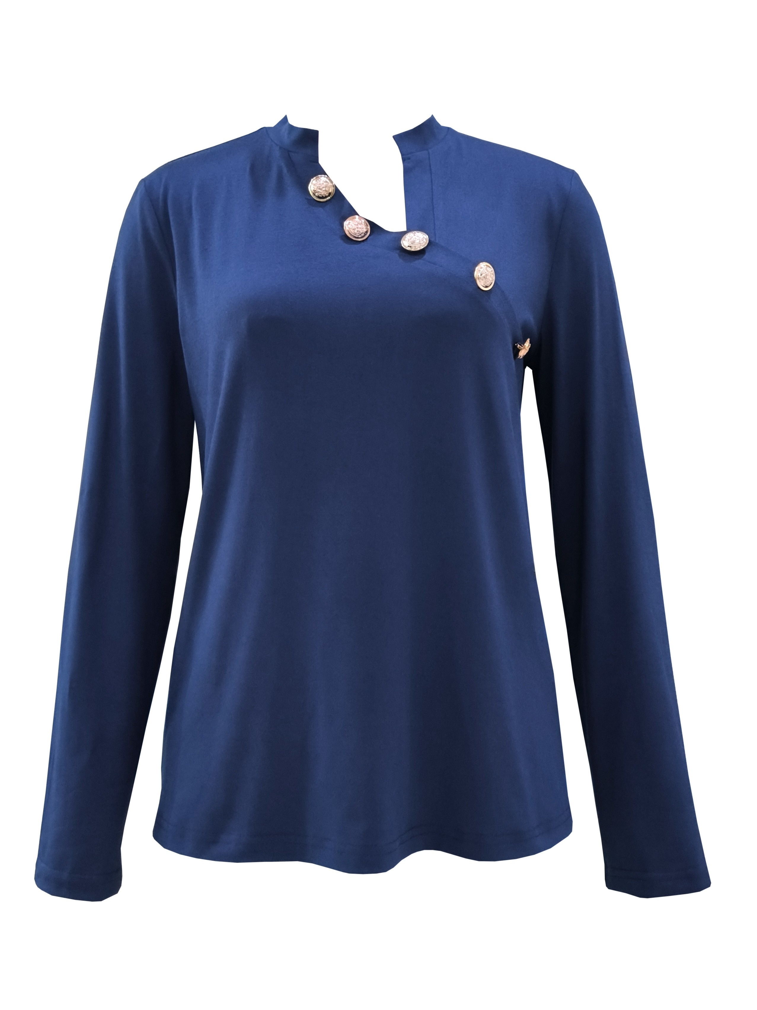 asymmetrical neck button blouse casual solid long sleeve simple blouse womens clothing details 2