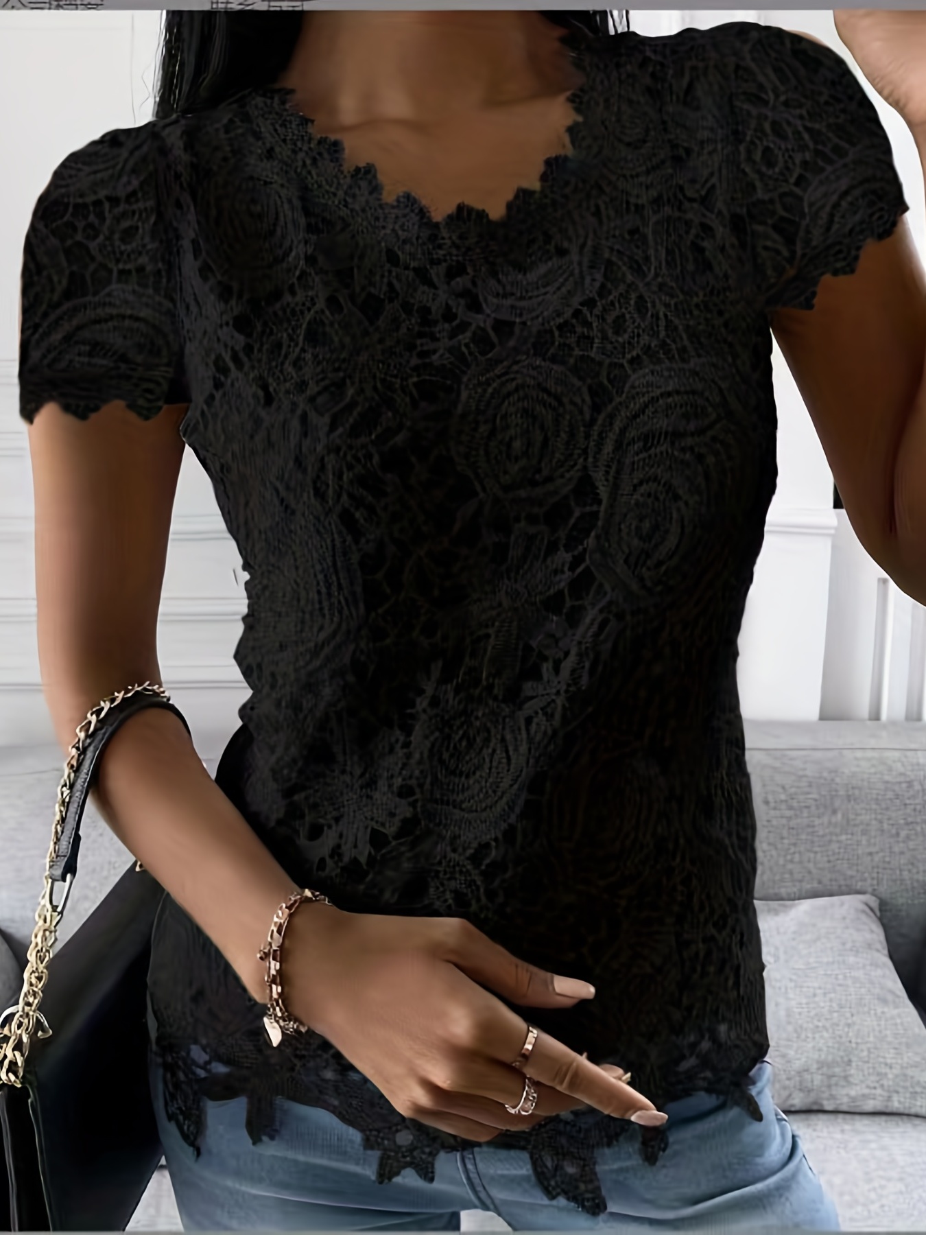 lace crew neck t shirt elegant short sleeve t shirt for spring summer womens clothing details 3