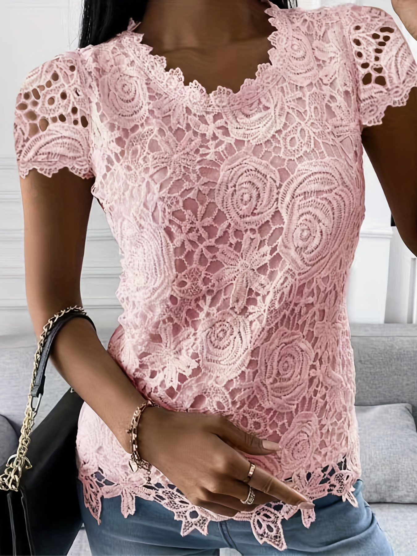 lace crew neck t shirt elegant short sleeve t shirt for spring summer womens clothing details 9