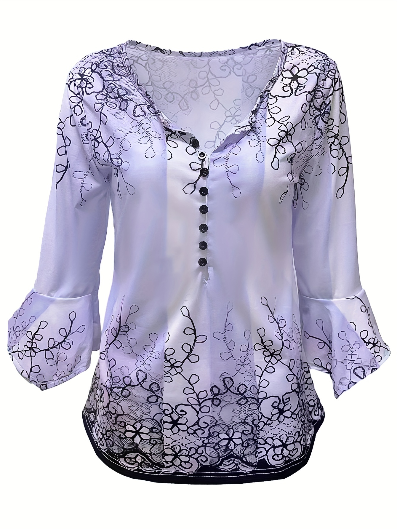 floral print button blouse casual ruffle trim half sleeve blouse womens clothing details 2