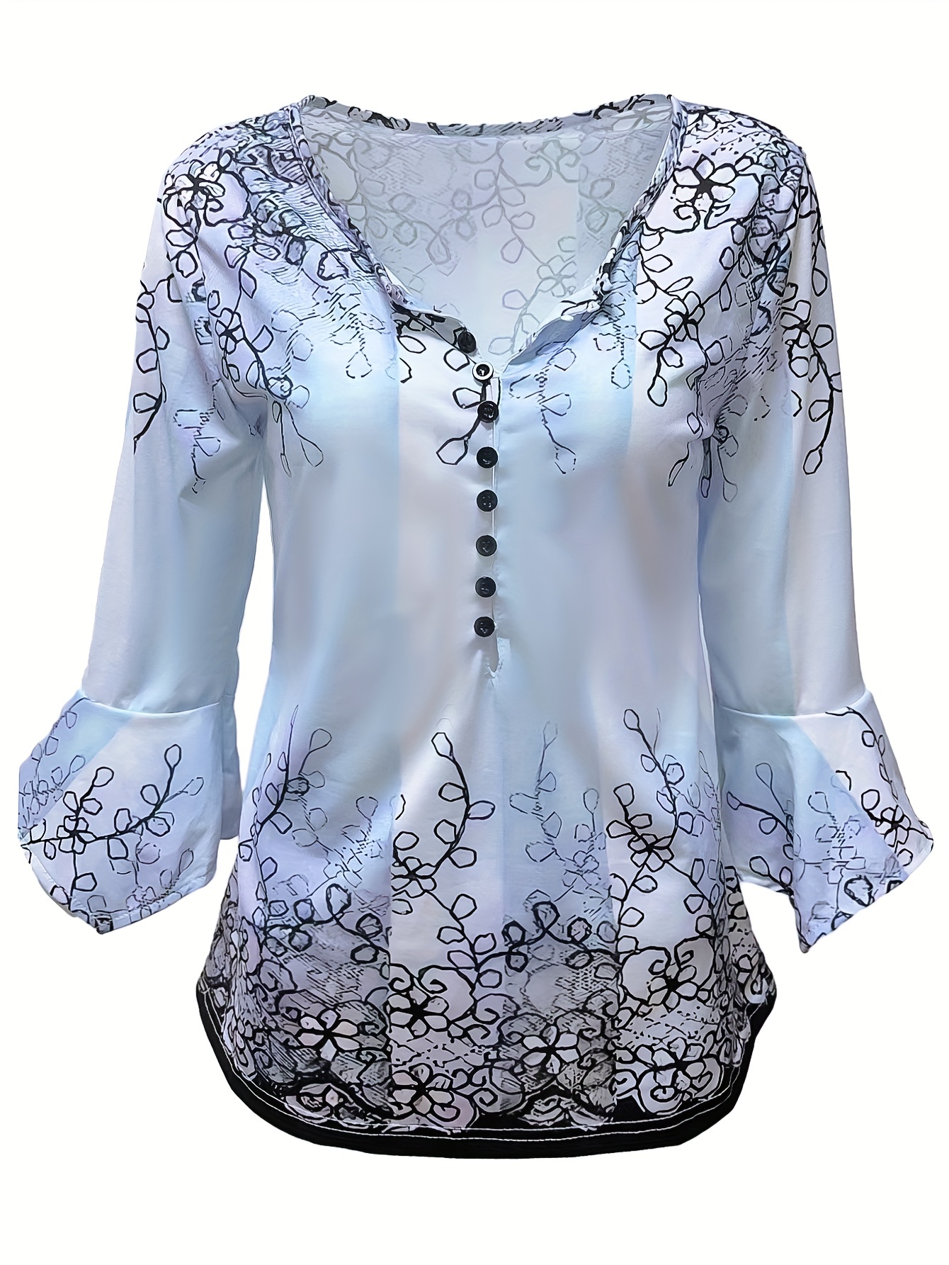 floral print button blouse casual ruffle trim half sleeve blouse womens clothing details 8