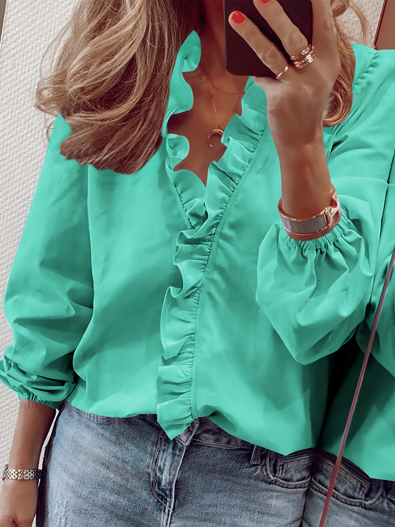 ruffled trim v neck shirt elegant loose long sleeve shirt womens clothing details 39