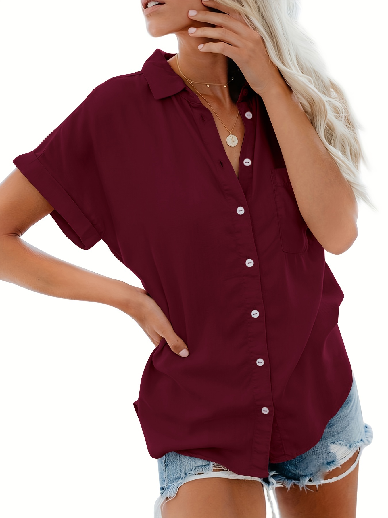 v neck collared button blouses casual pocket short sleeve fashion loose shirt womens clothing details 32