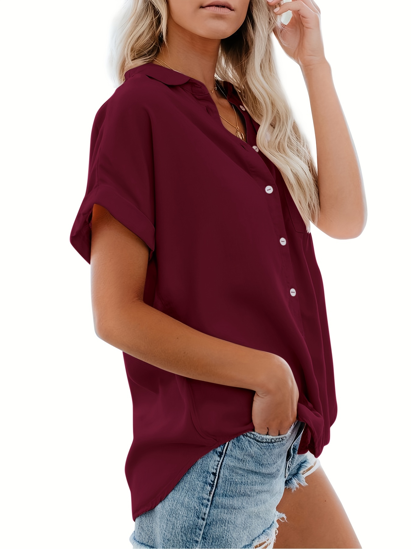 v neck collared button blouses casual pocket short sleeve fashion loose shirt womens clothing details 34