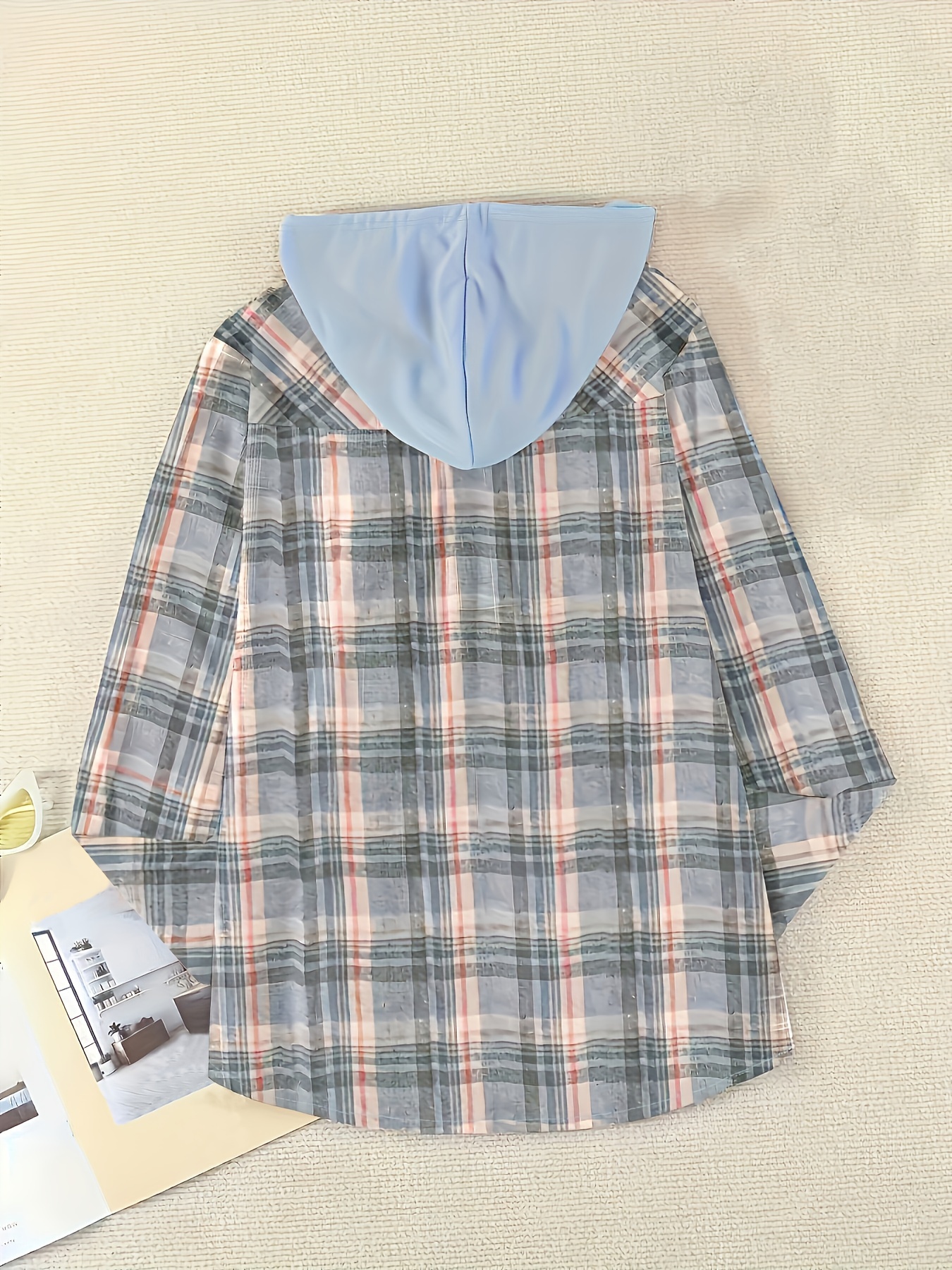 plaid print hooded shirt casual long sleeve drawstring shirt womens clothing details 4