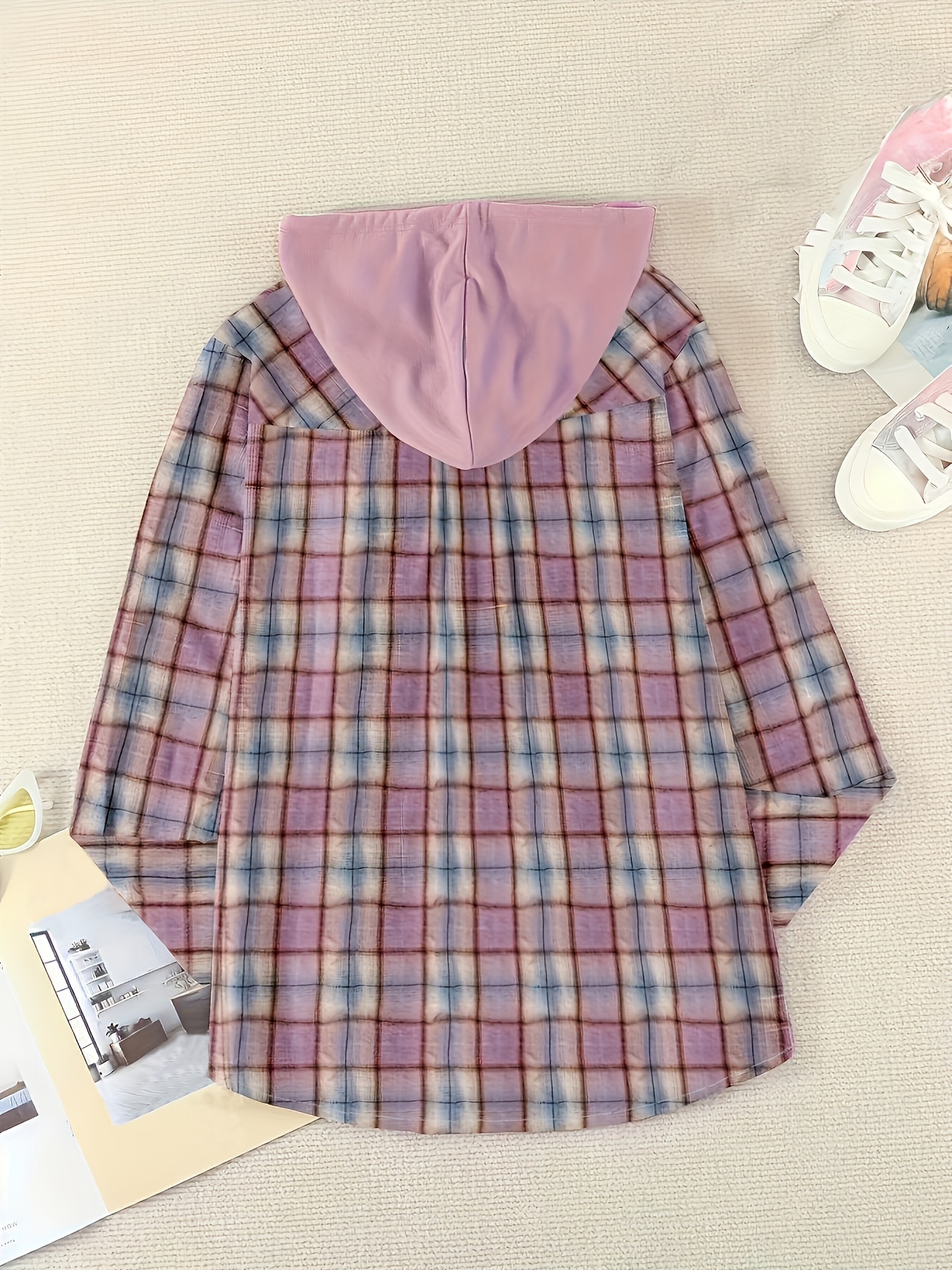 plaid print hooded shirt casual long sleeve drawstring shirt womens clothing details 7