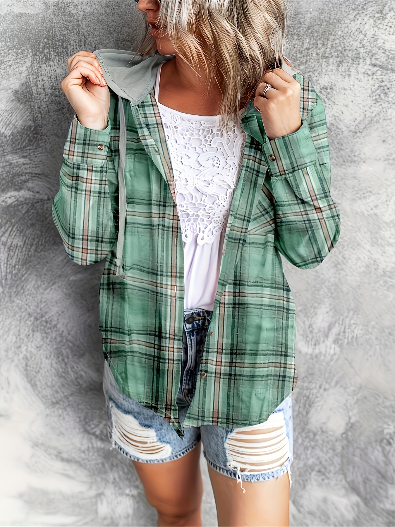 plaid print hooded shirt casual long sleeve drawstring shirt womens clothing details 12