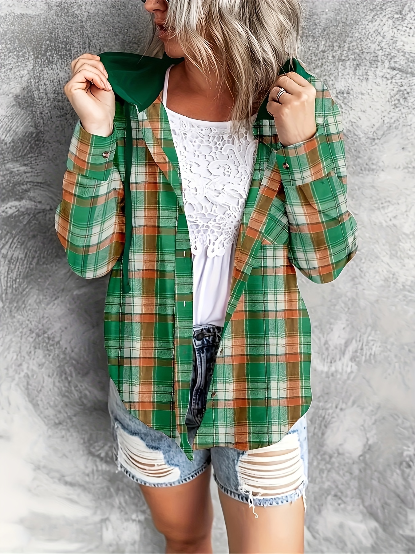 hooded plaid print blouse casual button front drawstring long sleeve blouse womens clothing details 7