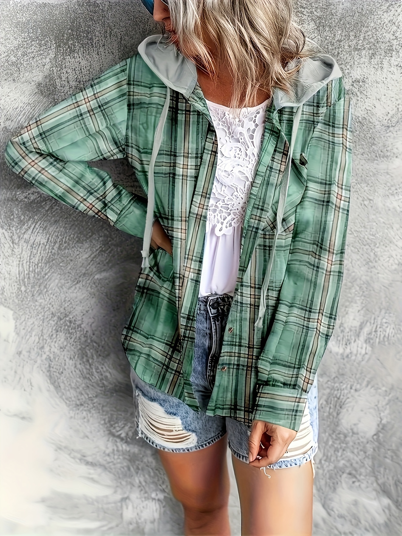 hooded plaid print blouse casual button front drawstring long sleeve blouse womens clothing details 16