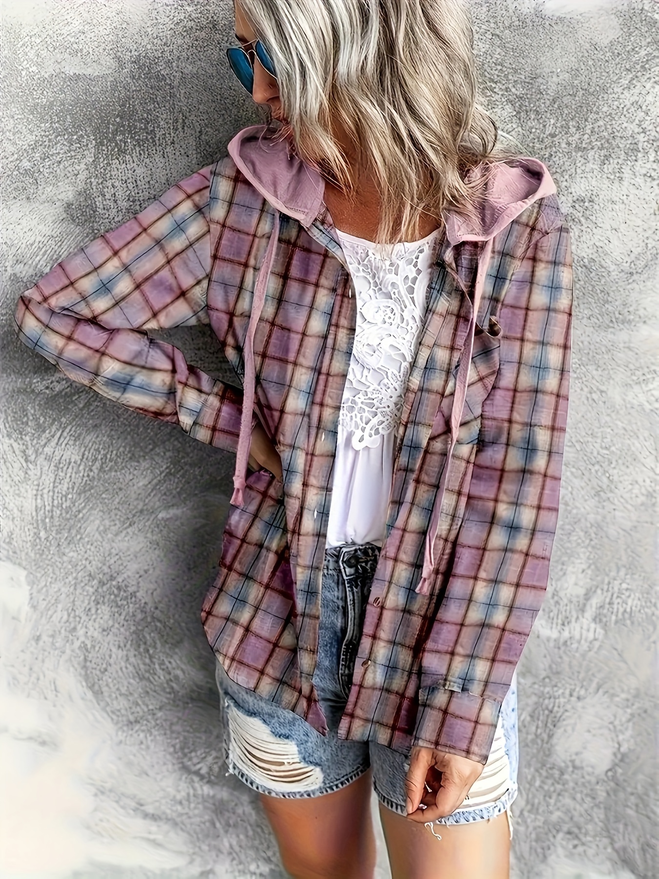 hooded plaid print blouse casual button front drawstring long sleeve blouse womens clothing details 27